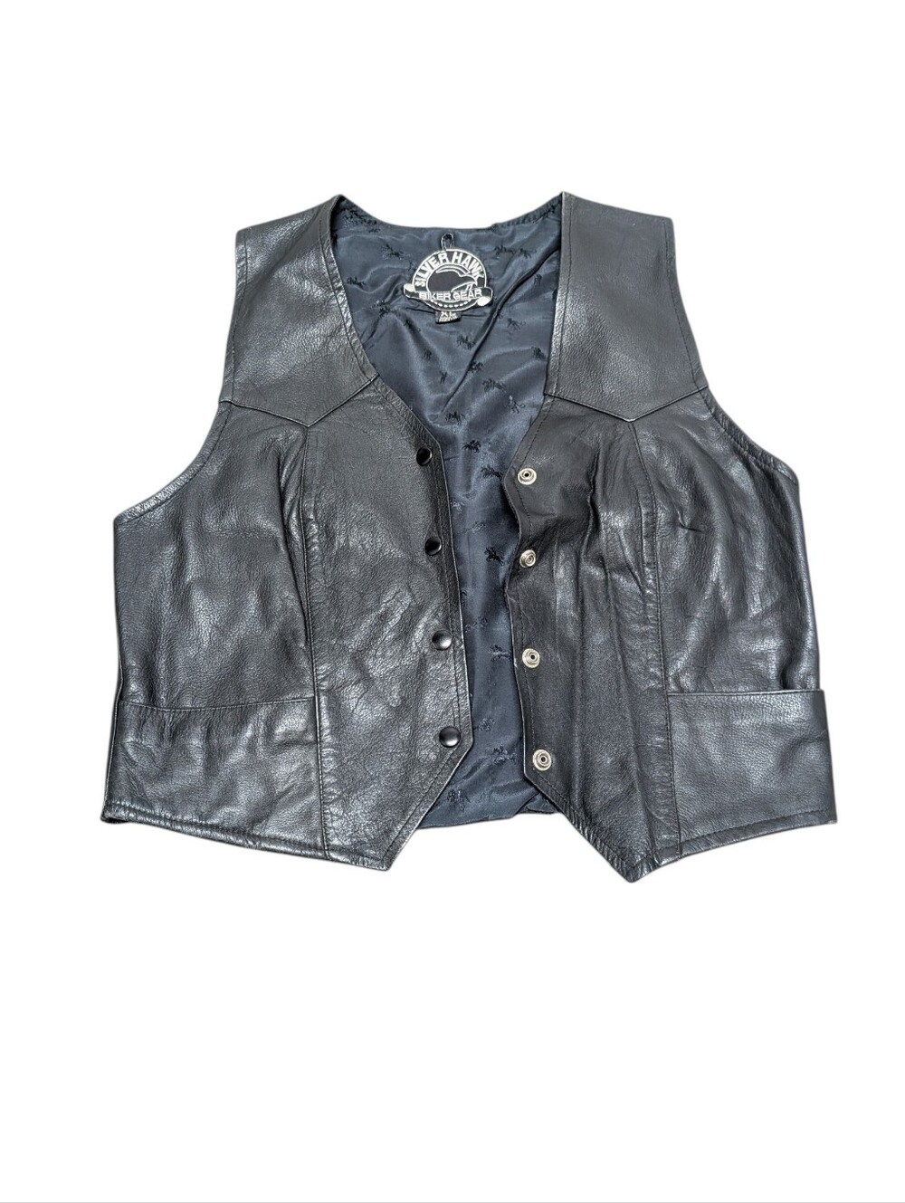 Women's Leather Black Biker Vest Silver Hawk Motorcycle Snap Button (XL)
